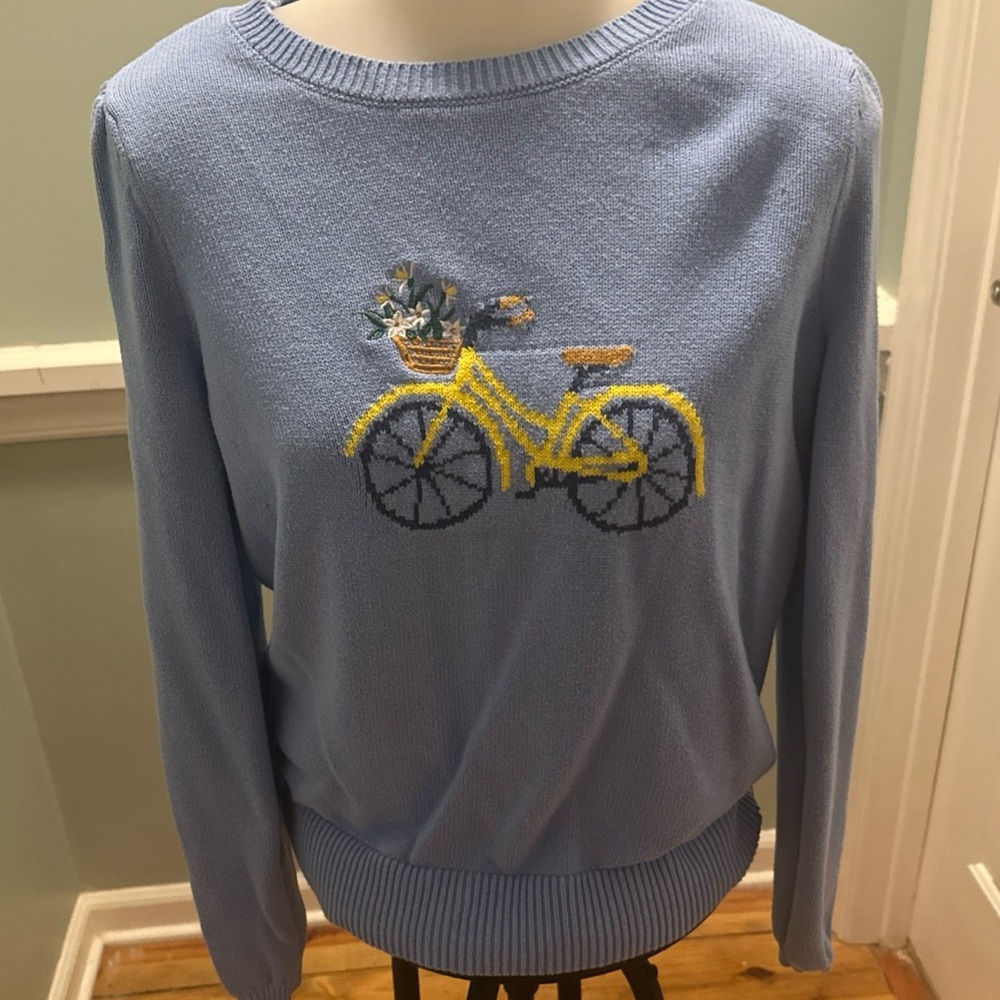 LOFT Blue Crewneck Sweater with Yellow Bicycle Design